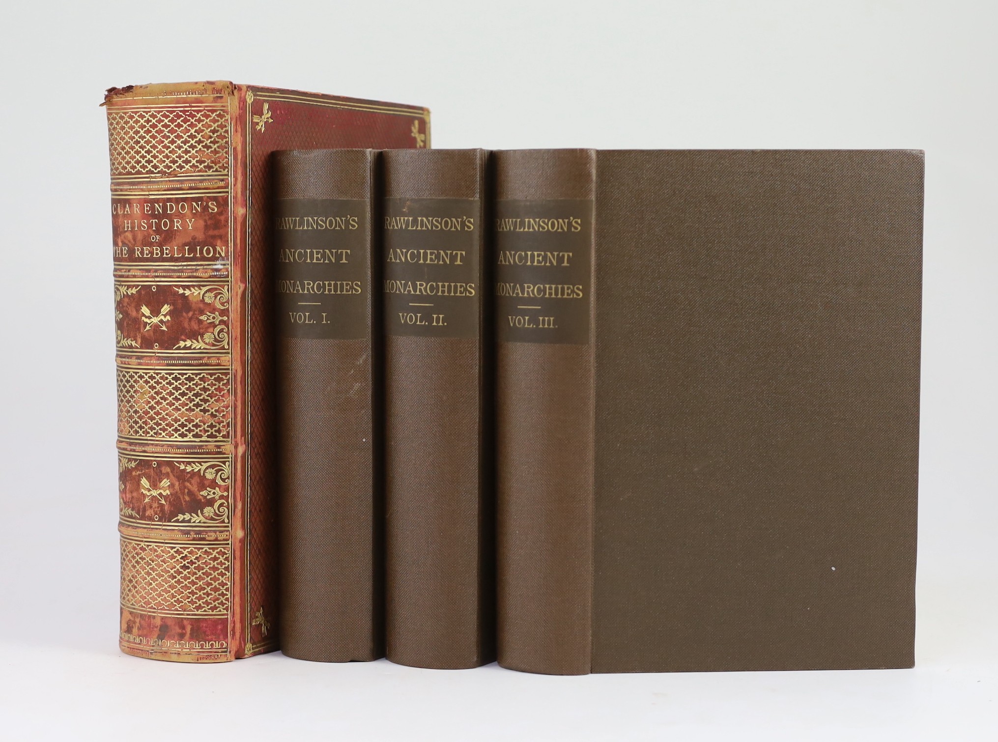 Rawlinson, George - The Five Great Monarchies of the Ancient Eastern World, 2nd edition, 3 vols, 8vo, rebound cloth, Dodd, Mead and Company, New York, 1881 and Clarendon, Edward Hyde, 1st Earl of - The History of the Reb